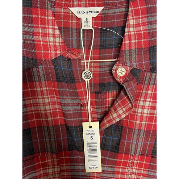 Max Studio Flannel Button Down Shirt Roll Tab Long Sleeve Plaid Red Black Size S - Picture 3 of 9